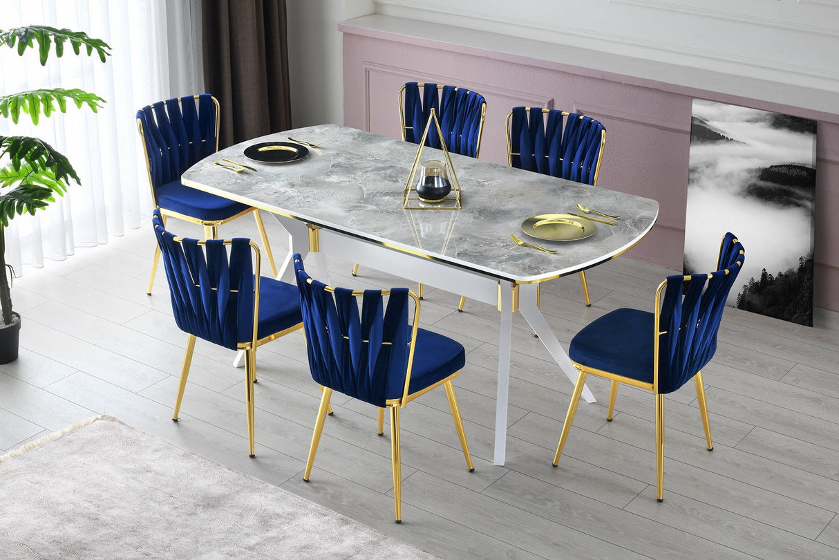 Set 4 scaune Kuşaklı - 209 V4, Auriu - Bleumarin, 43x43x82 cm