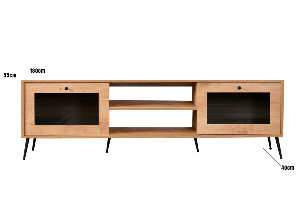 Comodă TV Calvin 180 Glass, Stejar - Negru, 180x40x15 cm