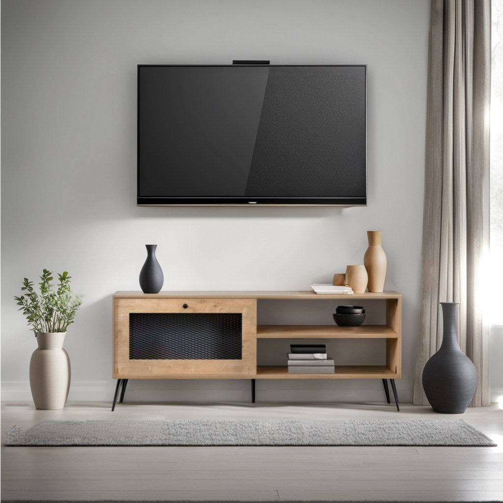 Comodă TV Pascal, Stejar - Negru, 138x30x15 cm