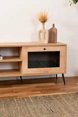 Comodă TV Calvin 180 Glass, Stejar - Negru, 180x40x15 cm