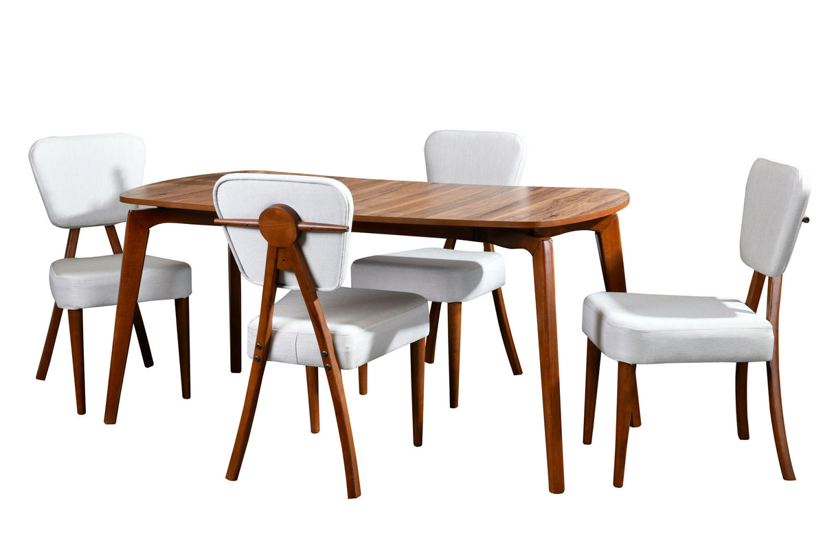Masă cu scaune 5 bucăți Tia Wooden, Nuc - Crem, 47x45x92 cm