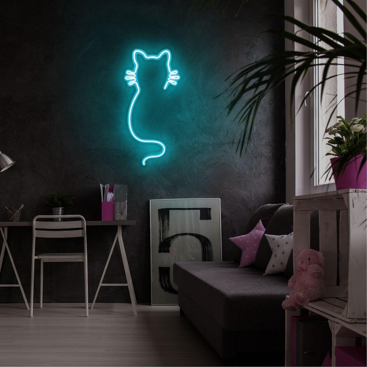 Aplica de Perete Neon Cat, 22x48 cm - Albastru