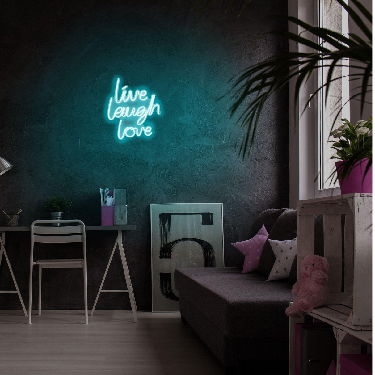 Aplica de Perete Neon Live Laugh Love, 31x36 cm - Albastru