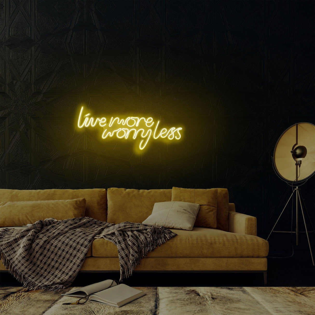 Aplica de Perete Neon Live More Worry Less, 67x36 cm - Galben