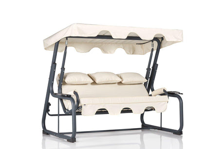 Balansoar de gradina 3 locuri cu suport pahare Meysu, Crem, 160x110x50 cm