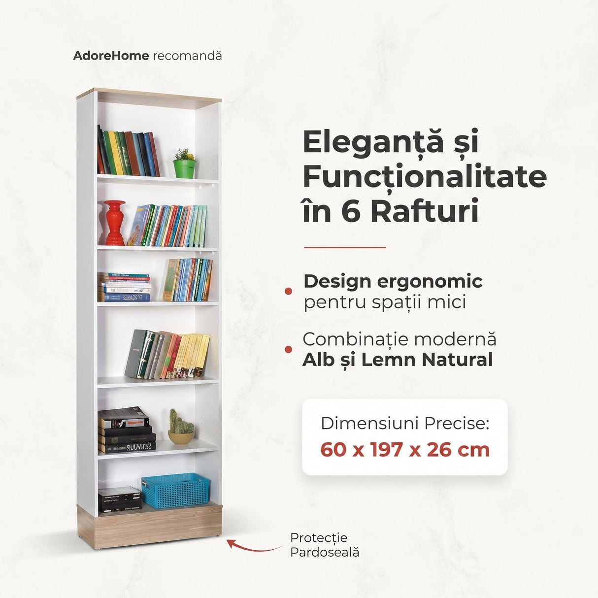 Bibliotecă KTP-860-MB-1 Home Collection® Base cu 6 Rafturi, Alb, 60x197x26 cm