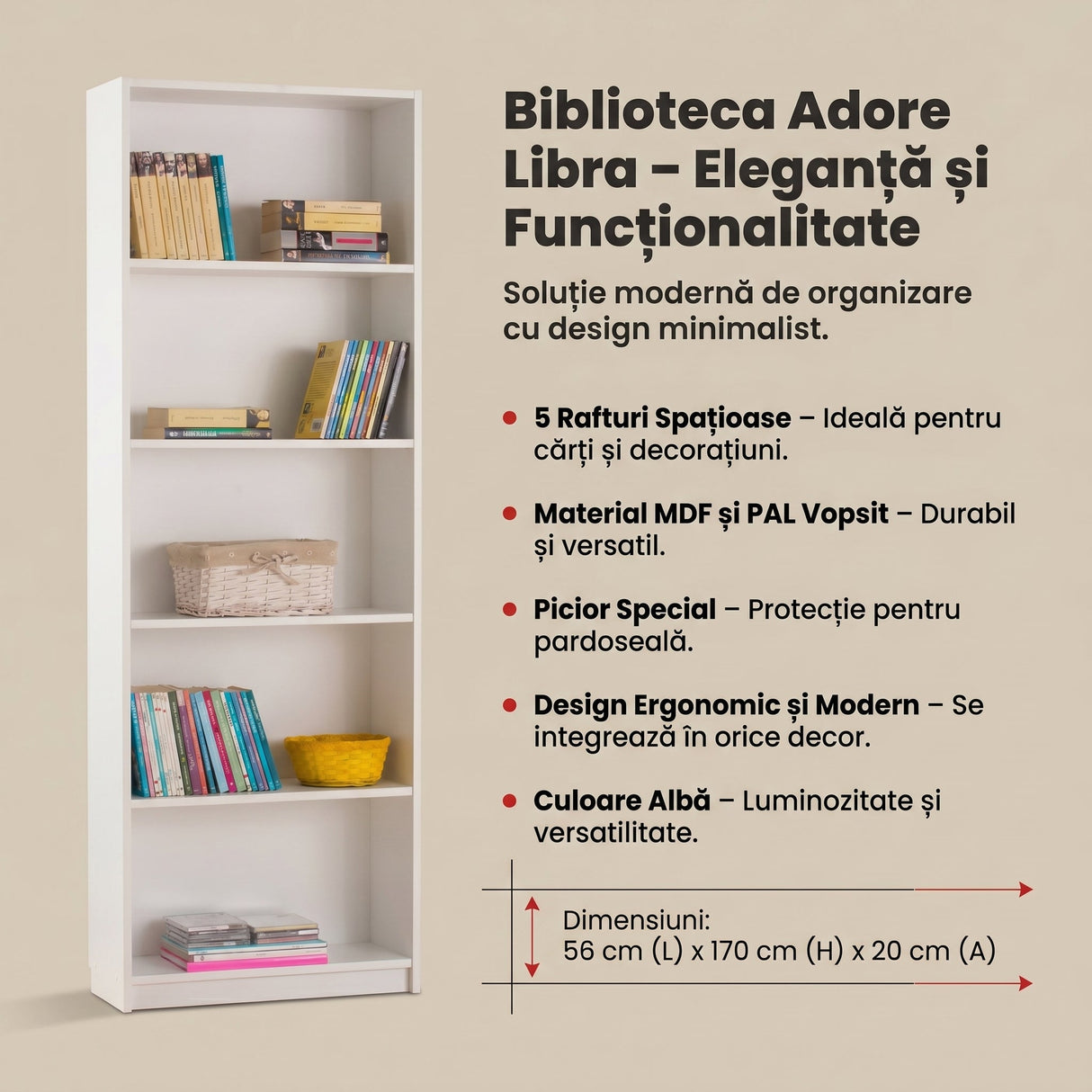 Biblioteca A1205 Home Collection® Libra, 5 rafturi, Alb, 56x170x20 cm