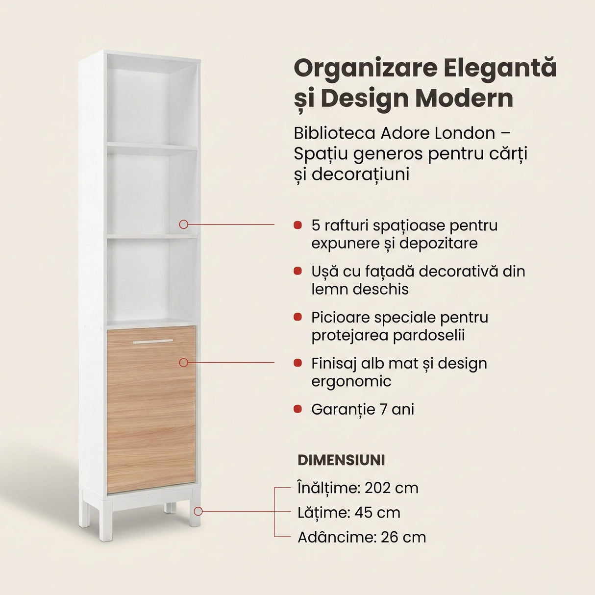 Biblioteca KTP-1410-MB-1 Home Collection® London, 5 rafturi si usa, Alb, 45x202x26 cm