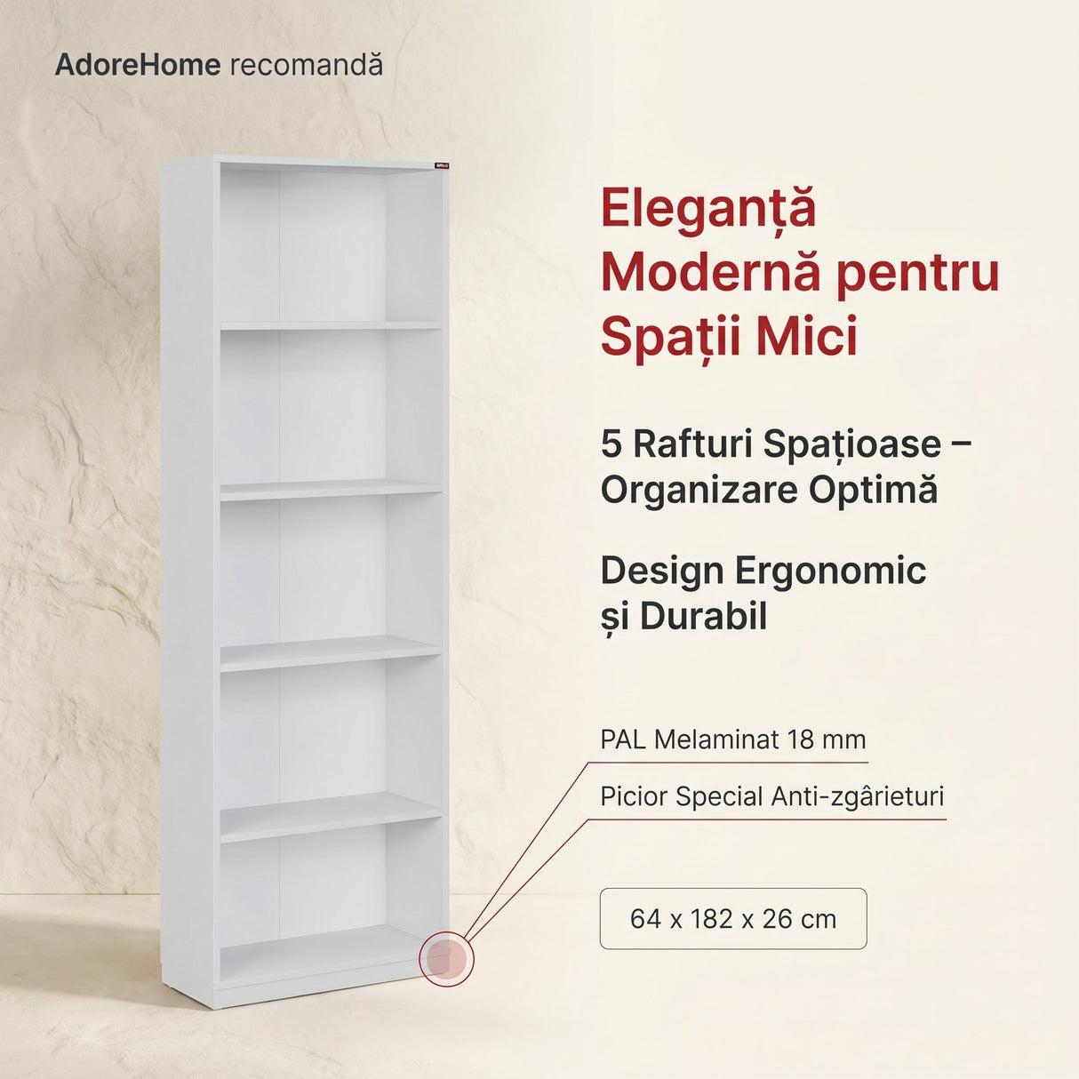 Biblioteca KTP-350-BB-1 Home Collection® Modern, 5 rafturi, 64x182x26 cm - Alb | SKU: KTP-350-BB-1, KTP-350-OO-1, KTP-350-AX-1, KTP-350-KK-1, KTP-350-FF-1, KTP-350-SS-1