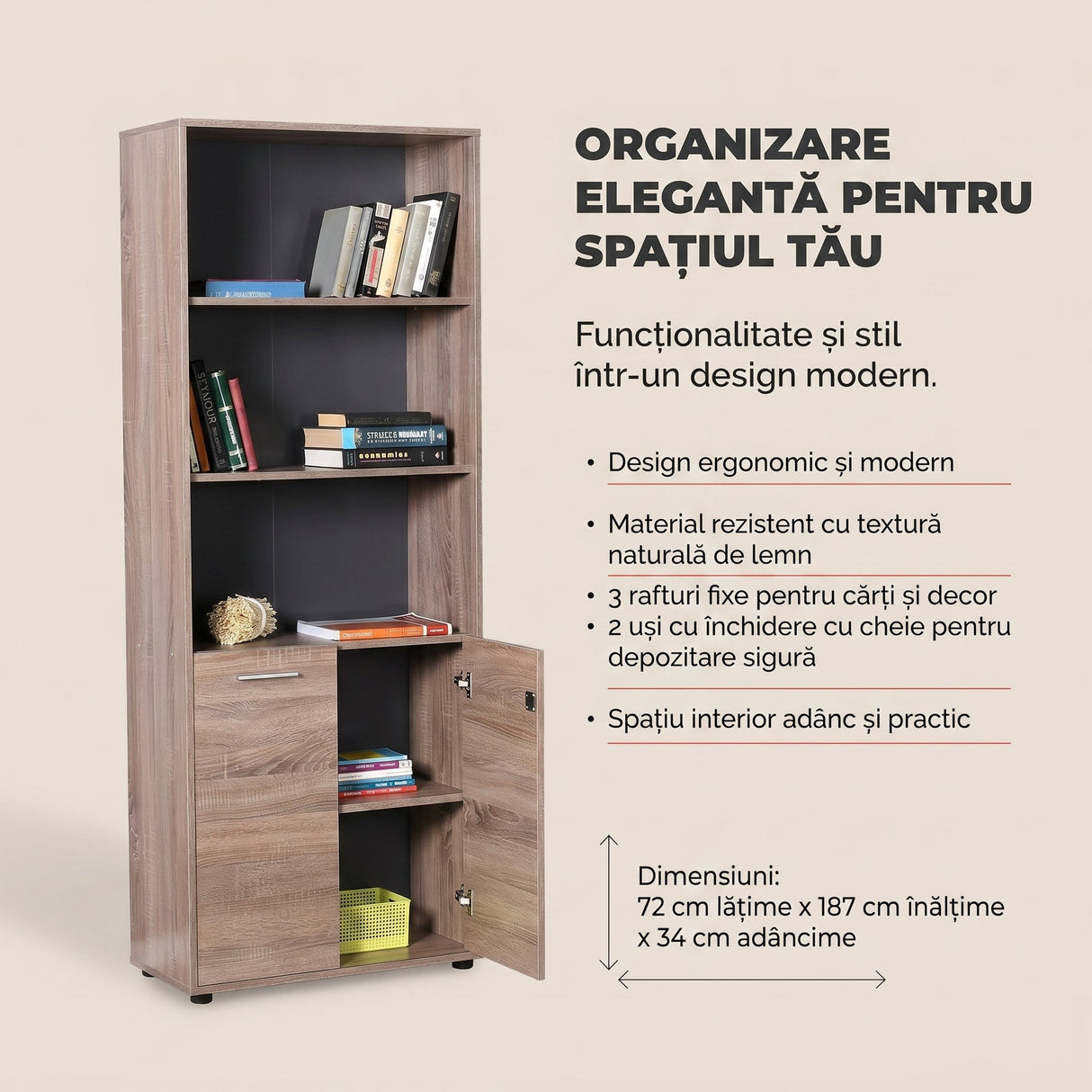 Biblioteca NKT-552-TT-1 Home Collection® New York Office, 2 usi cu cheie, 3 rafturi fix, Natur, 72x187x34 cm