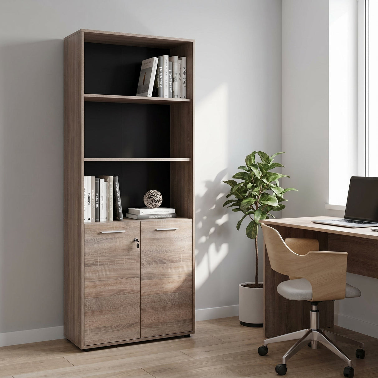 Biblioteca NKT-552-TT-1 Home Collection® New York Office, 2 usi cu cheie, 3 rafturi fix, Natur, 72x187x34 cm