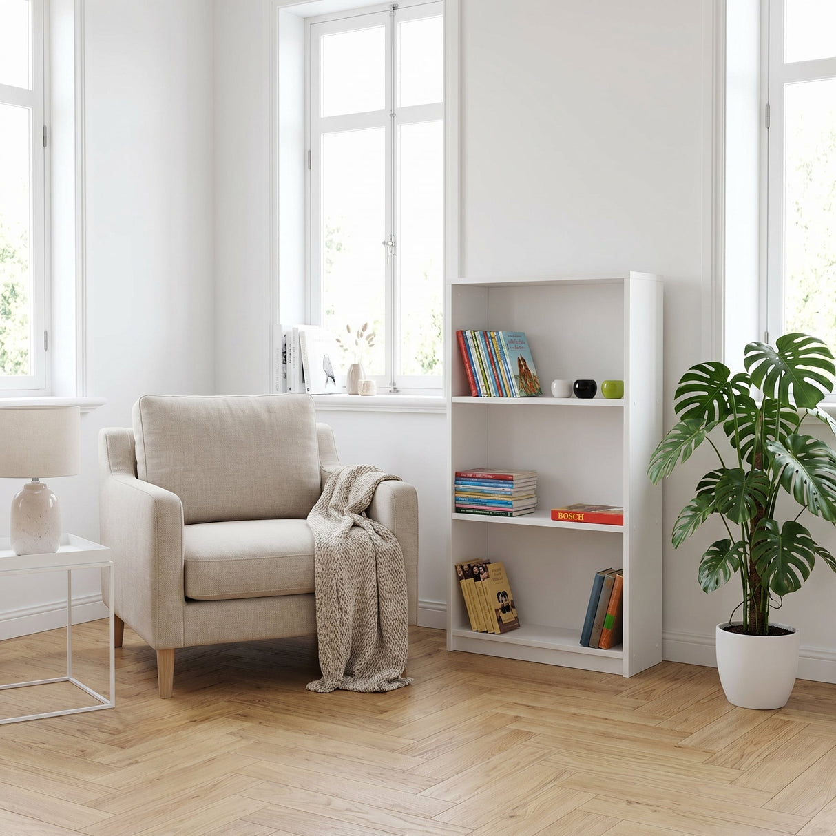 Biblioteca KTP-130-BB-1 Home Collection® Nino, 3 rafturi, Alb - Stejar, 58x106x23 cm - Alb | SKU: KTP-130-BB-1