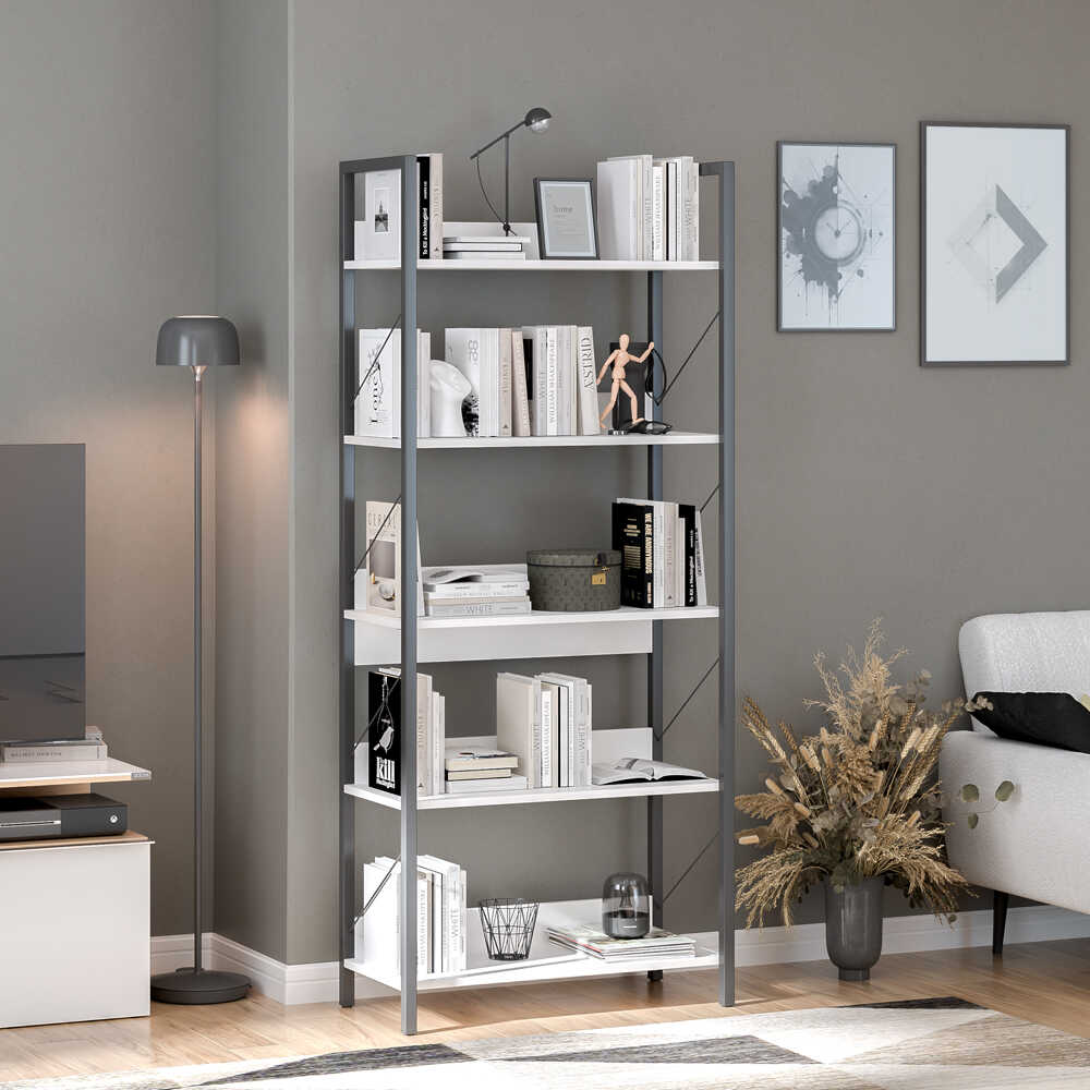 Biblioteca KTP-850-FF-1 Home Collection® Profile cu 5 rafturi, Alb - Maro - Stejar, 73x172x35 cm - Alb | SKU: KTP-850-FF-1, KTP-850-DE-1, KTP-850-OO-1