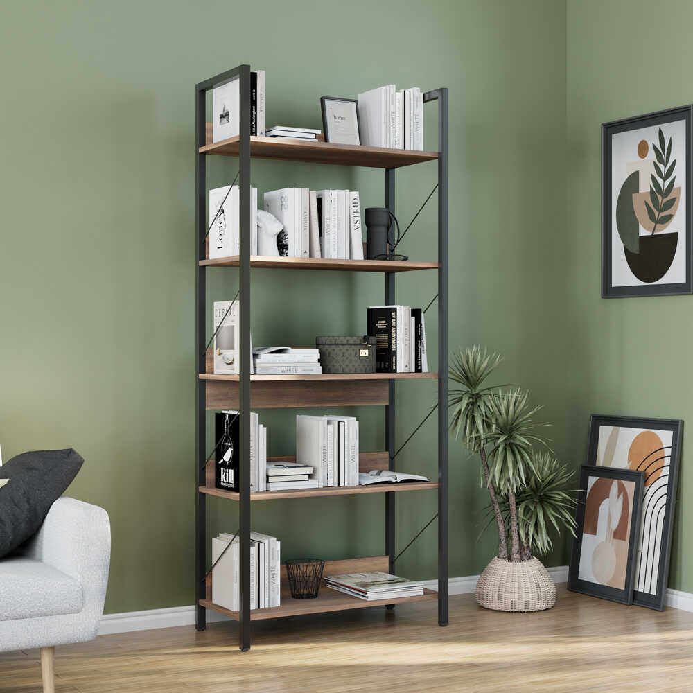 Biblioteca KTP-850-FF-1 Home Collection® Profile cu 5 rafturi, Alb - Maro - Stejar, 73x172x35 cm - Maro | SKU: KTP-850-OO-1