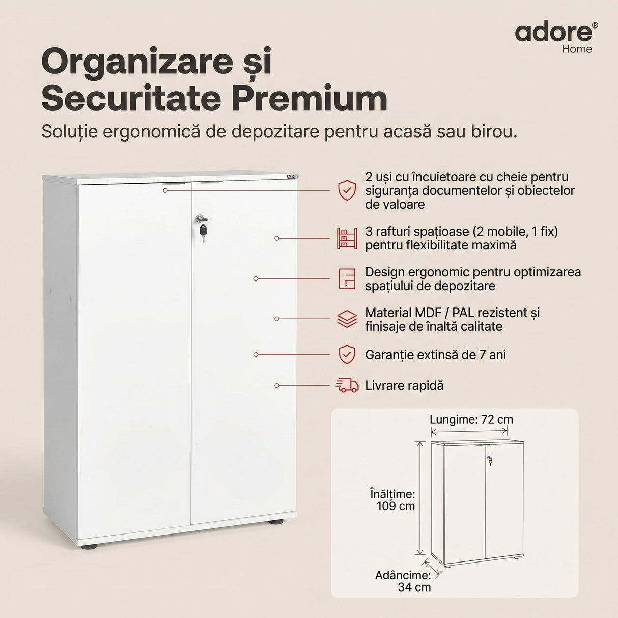 Bibliotecă RKT-332-DD-1 Home Collection® Rio cu 2 Uși, Cheie și 3 Rafturi, 72x109x34 cm - Alb | SKU: RKT-332-DD-1, RKT-332-OO-1, RKT-332-AX-1, RKT-332-TT-1, RKT-332-FF-1