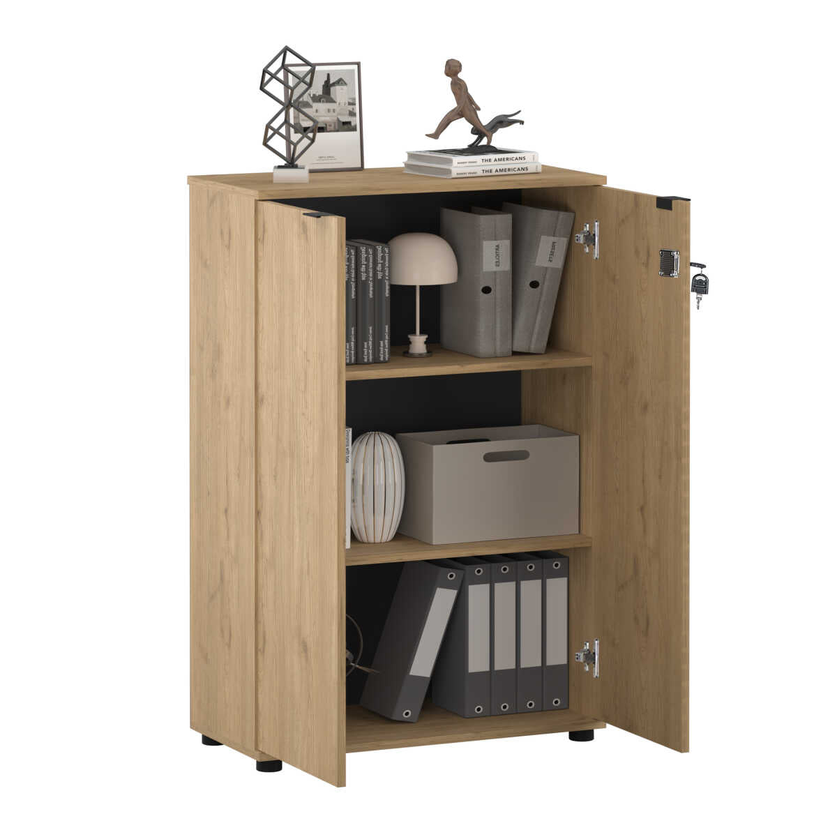 Bibliotecă RKT-332-DD-1 Home Collection® Rio cu 2 Uși, Cheie și 3 Rafturi, 72x109x34 cm - Stejar | SKU: RKT-332-FF-1