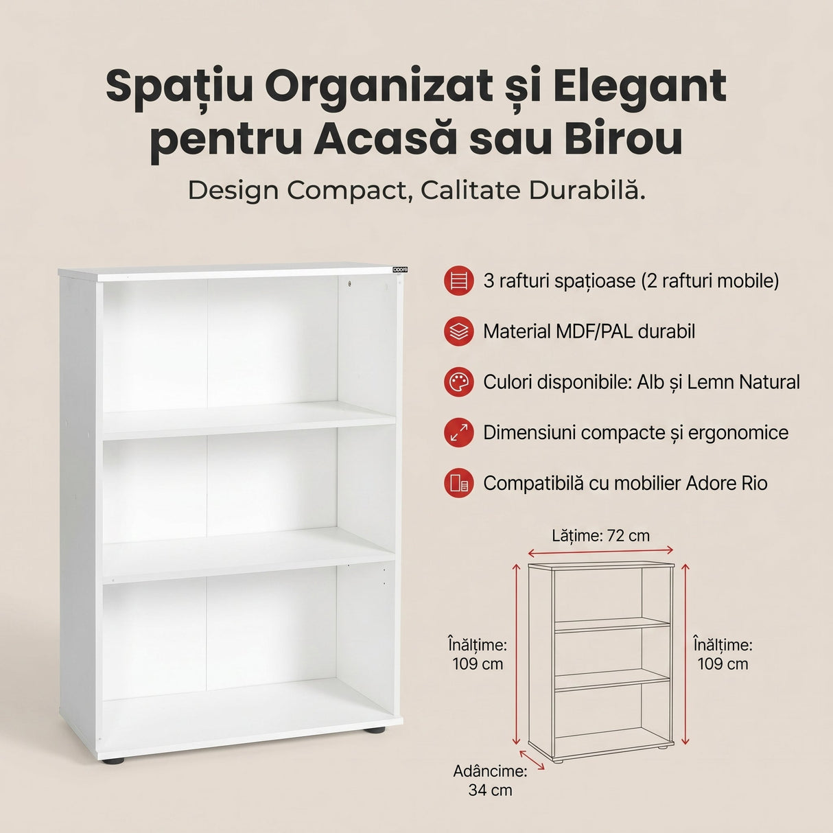 Biblioteca RKT-330-DD-1 Home Collection® Rio Mini, 3 rafturi, Alb - Nuc - Antracit, 72x109x34 cm - Alb | SKU: RKT-330-DD-1, RKT-330-OO-1, RKT-330-AX-1