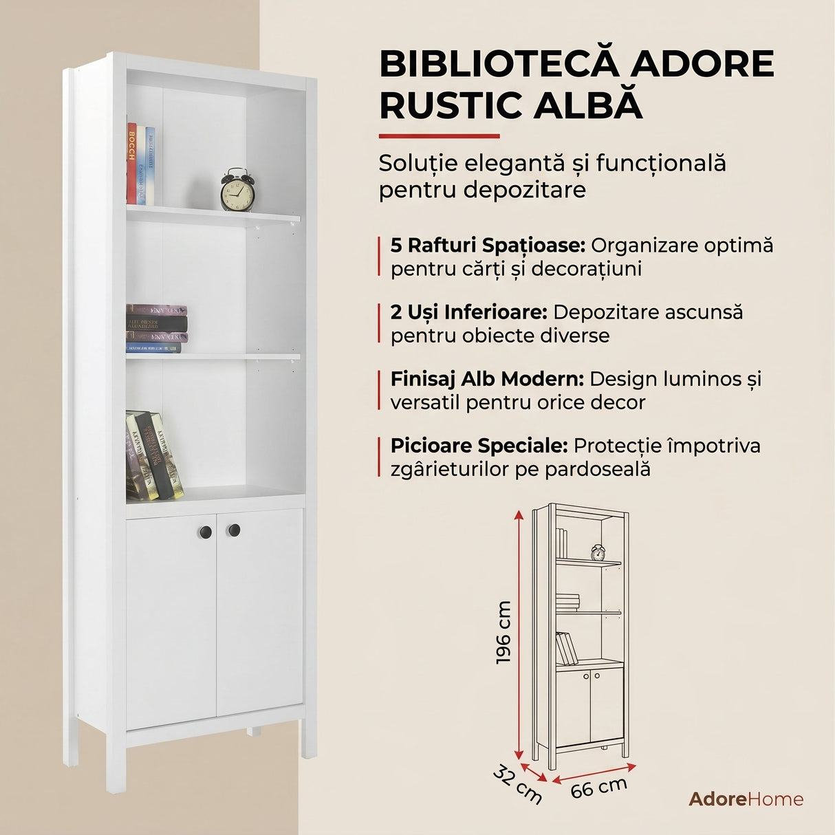 Biblioteca KTP-995-BB-1 Home Collection® Rustic cu 5 rafturi si usi, Alb, 66x196x32 cm