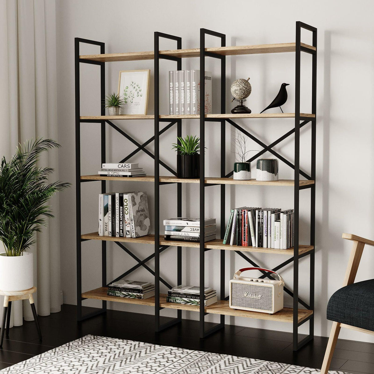 Biblioteca Advantex 5 rafturi Lung cadru metal, Stejar, 144x175x30 cm