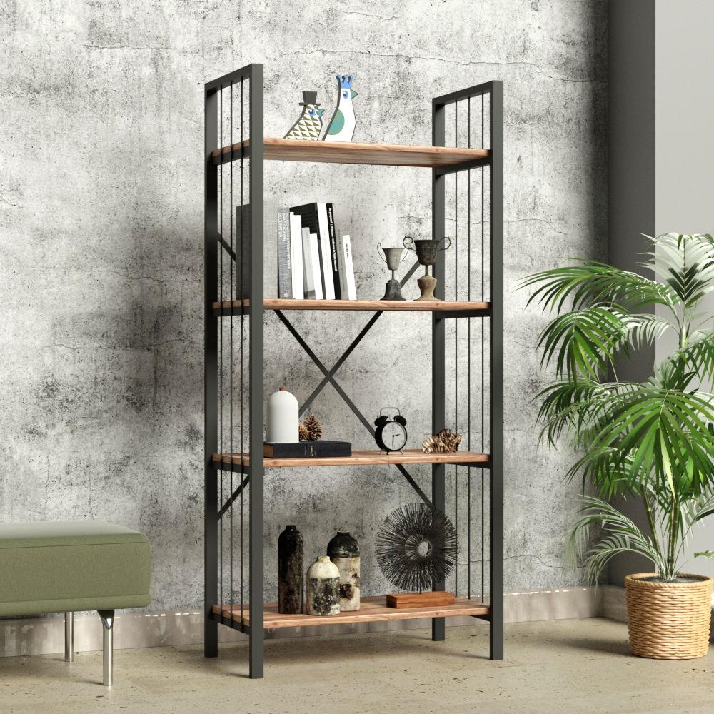 Biblioteca Bookazo, 4 rafturi cadru metal, Negru, 60x34x150 cm