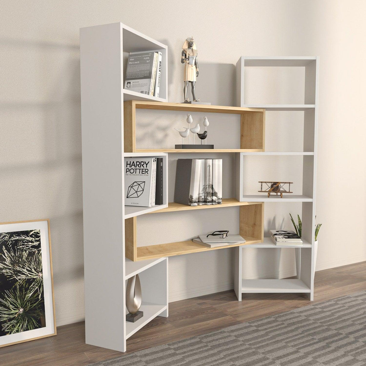 Bibliotecă de Colț Multifuncțională, 163x150x22 cm - stejar alb