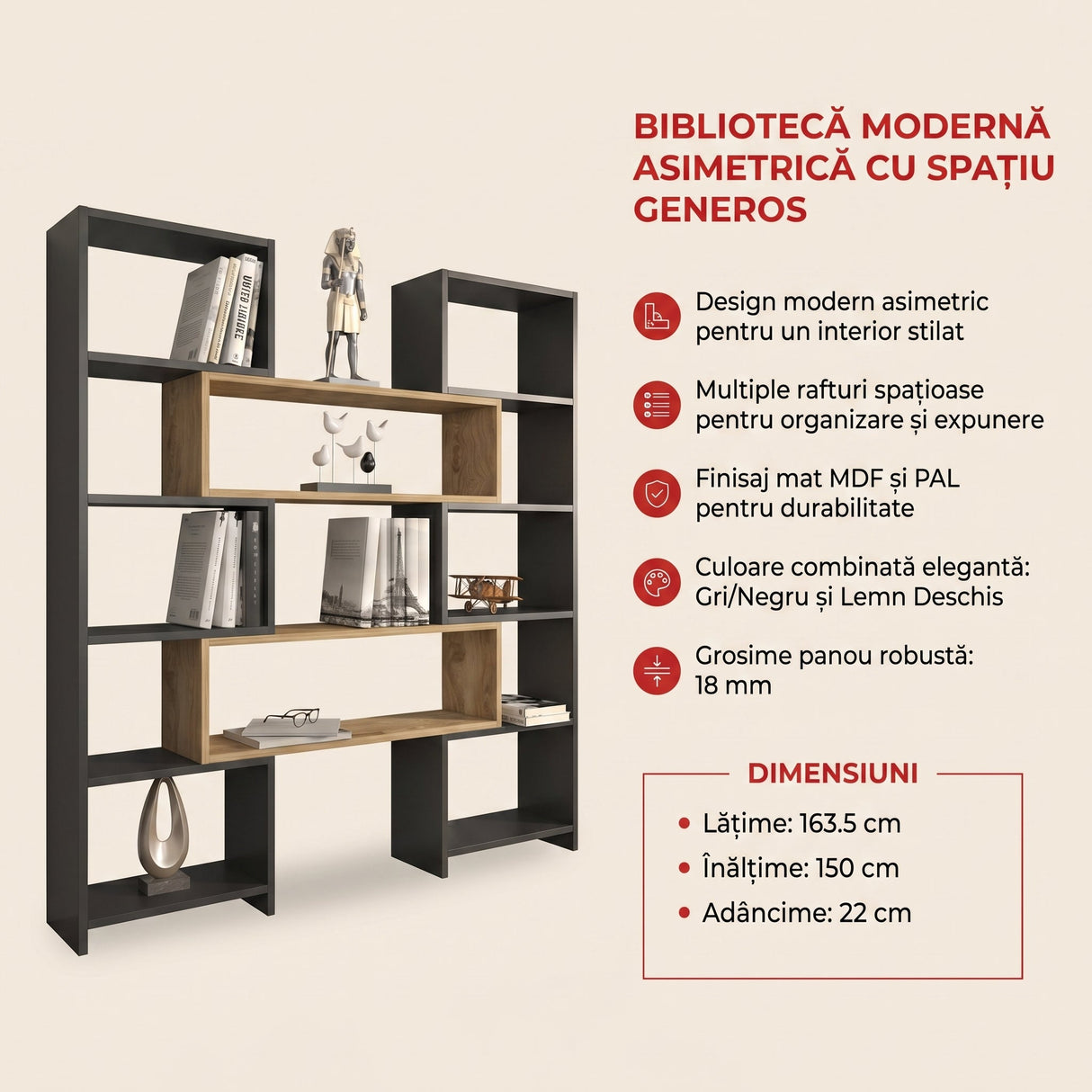Bibliotecă de Colț Multifuncțională, 163x150x22 cm - Stejar negru
