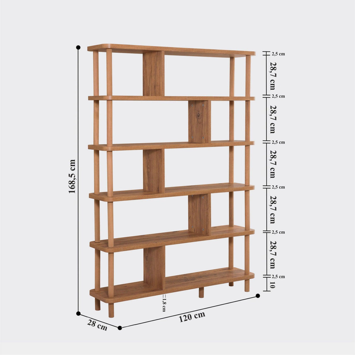 Biblioteca Dora Meta, 6 Rafturi, Stejar, 120x169x28 cm