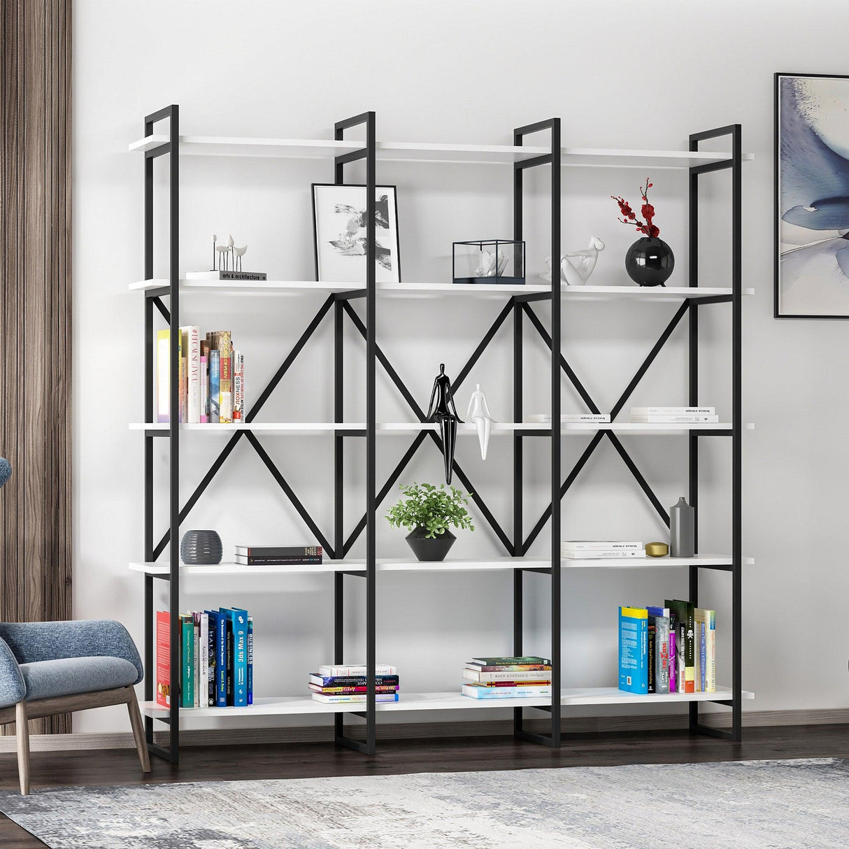 Biblioteca Dunston Lux cu 5 Rafturi, 180x34x180 cm - Alb negru