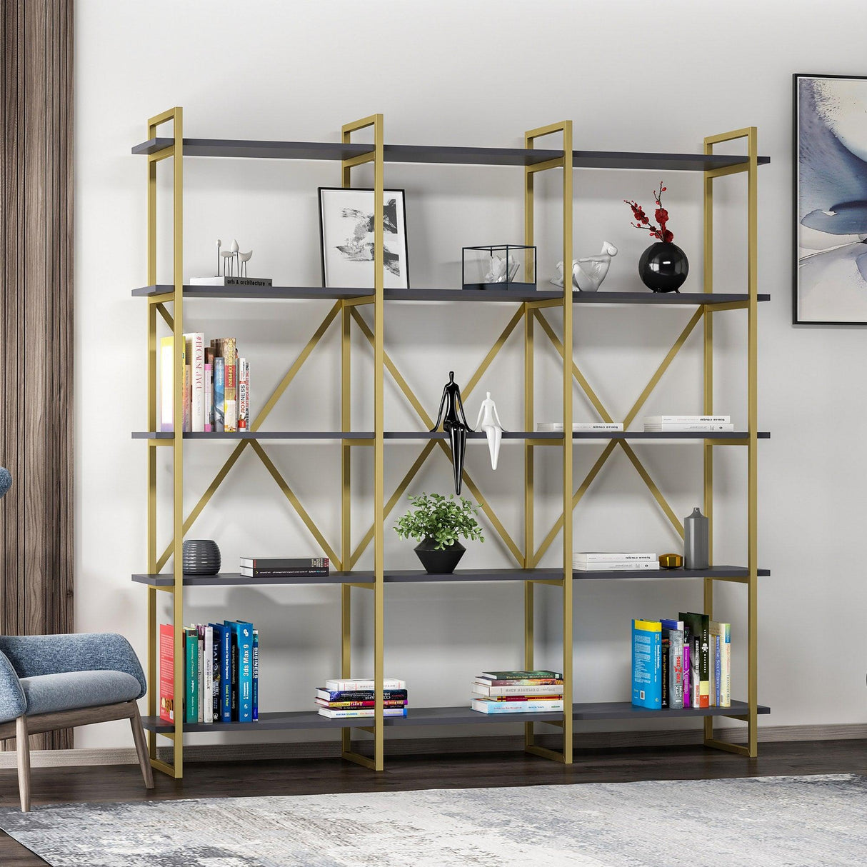 Biblioteca Dunston Lux cu 5 Rafturi, 180x34x180 cm - Antracit auriu