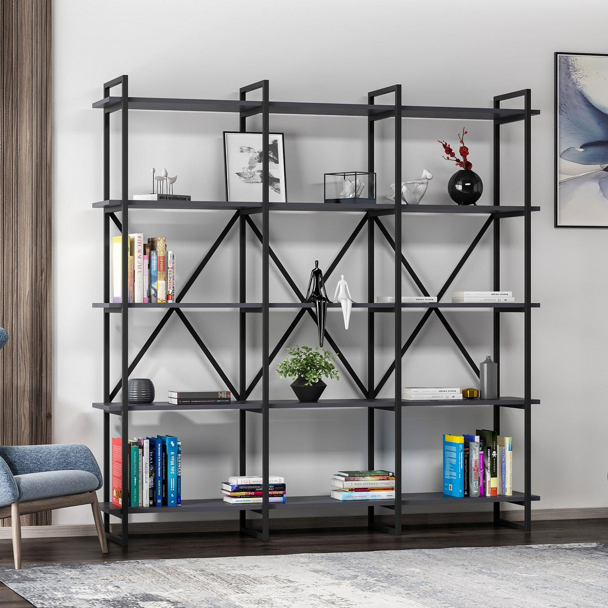 Biblioteca Dunston Lux cu 5 Rafturi, 180x34x180 cm - Antracit negru
