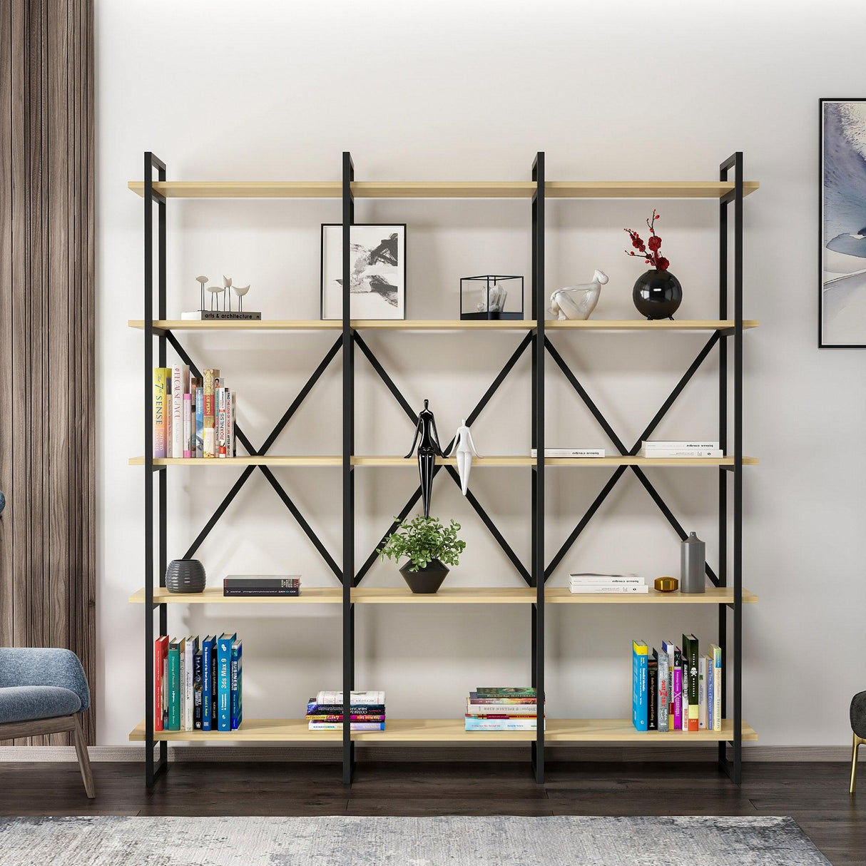 Biblioteca Dunston Lux cu 5 Rafturi, 180x34x180 cm - Stejar negru