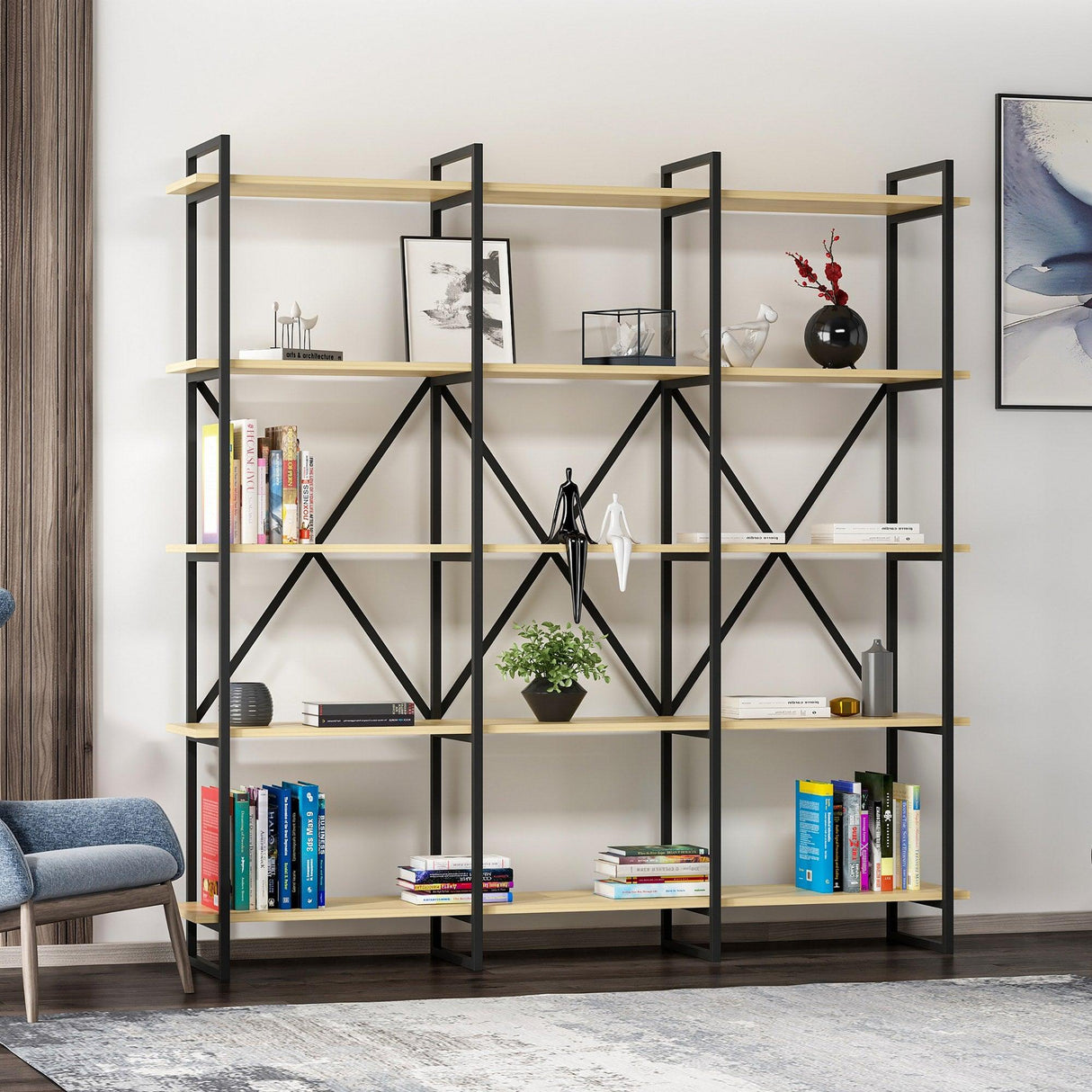 Biblioteca Dunston Lux cu 5 Rafturi, 180x34x180 cm - Stejar negru