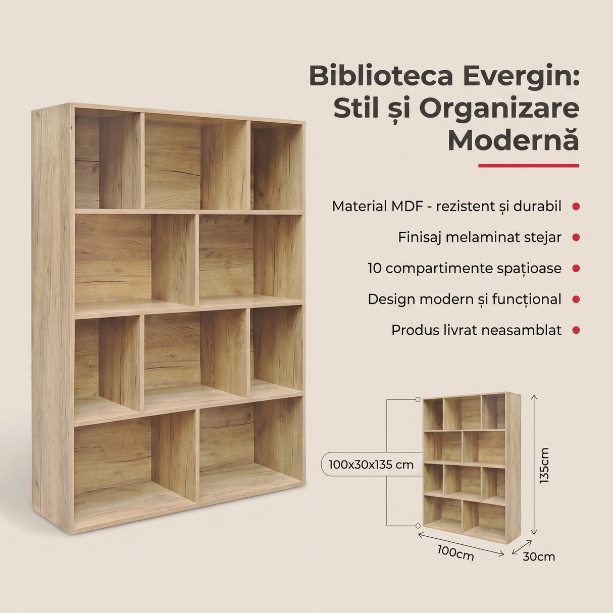 Biblioteca Evergin, Stejar, 100x30x135 cm