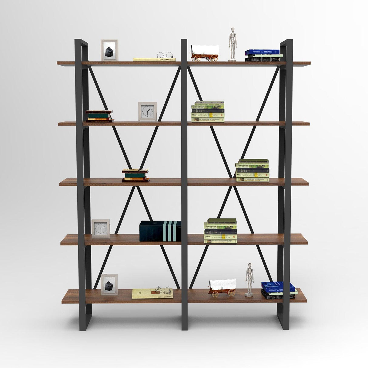 Biblioteca Glade Cadru Metal cu 5 Rafturi, Nuc, 155x180x34 cm