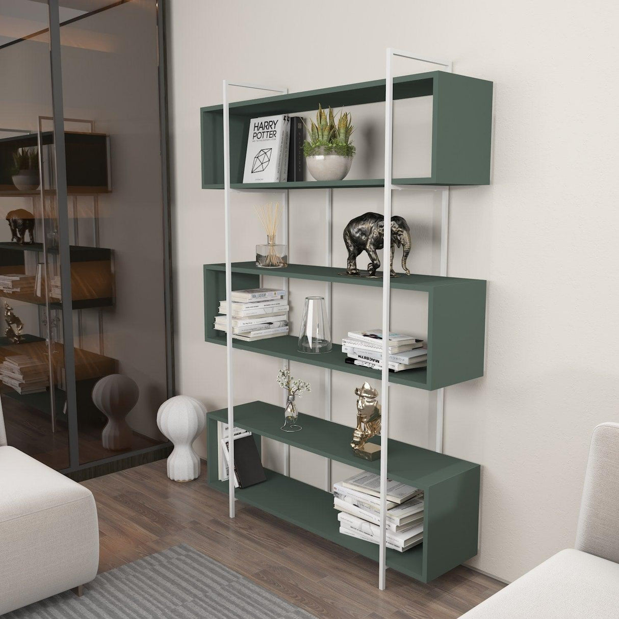 Biblioteca Hugi Lux cu 6 Rafturi, 120x180x30 cm - Verde