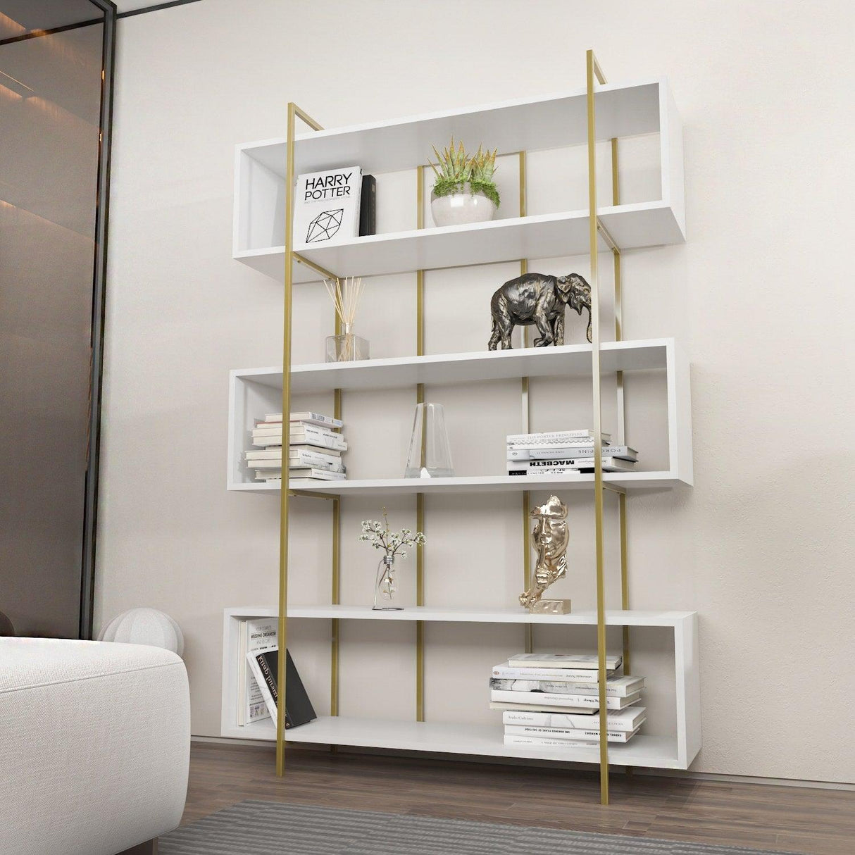 Biblioteca Hugi Lux cu 6 Rafturi, 120x180x30 cm - Auriu