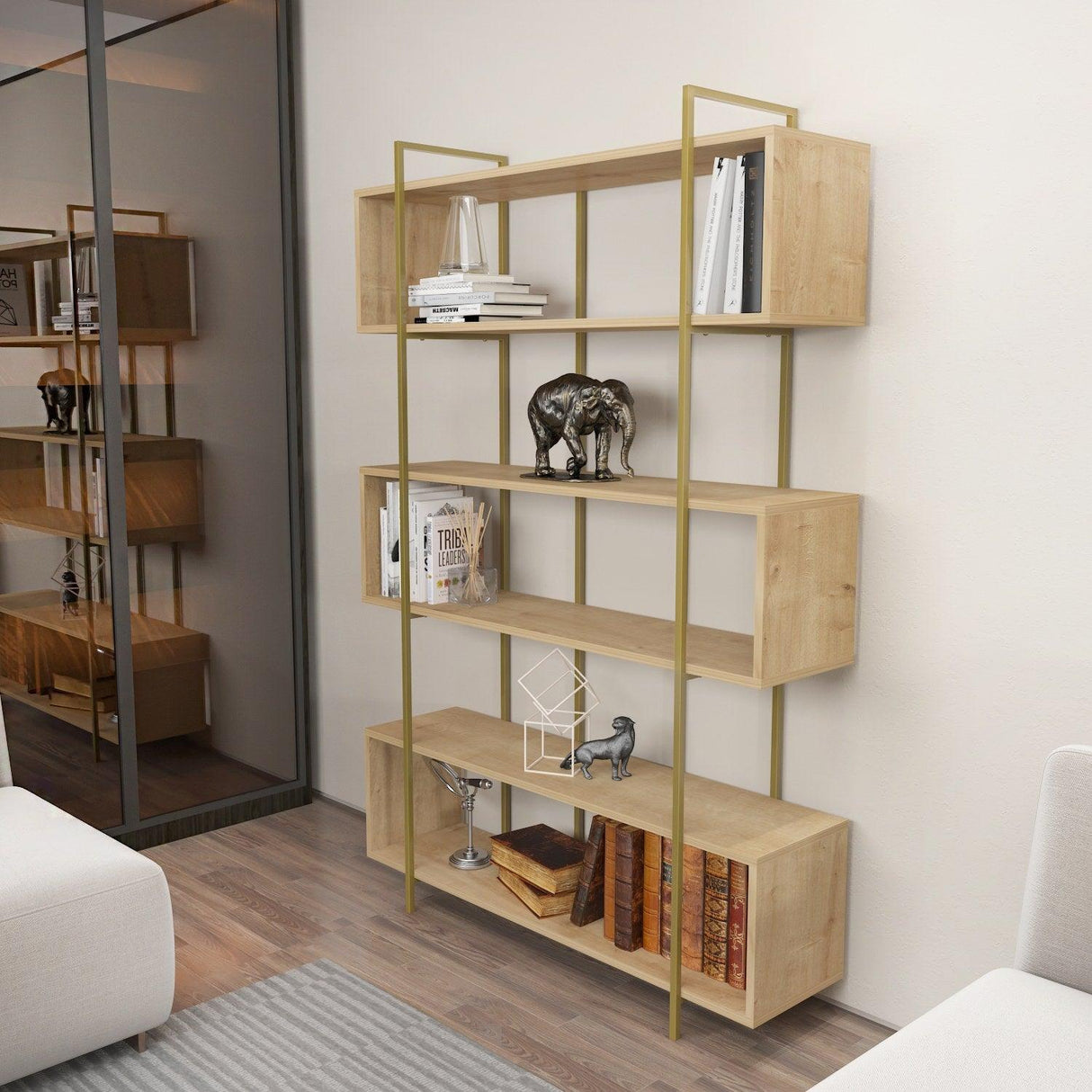 Biblioteca Hugi Lux cu 6 Rafturi, 120x180x30 cm - Bej