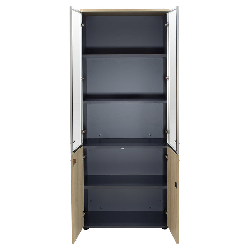 Biblioteca Lotus cu patru usi din sticla si lemn Stejar, Gri inchis, 80x40x200 cm
