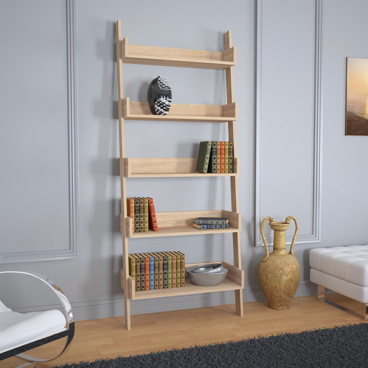 Bibliotecă Only Comforty, stejar - nuc - alb, 80x32x195 cm - Bibliotecă Only Comforty, stejar - nuc - alb, 80x32x195 cm