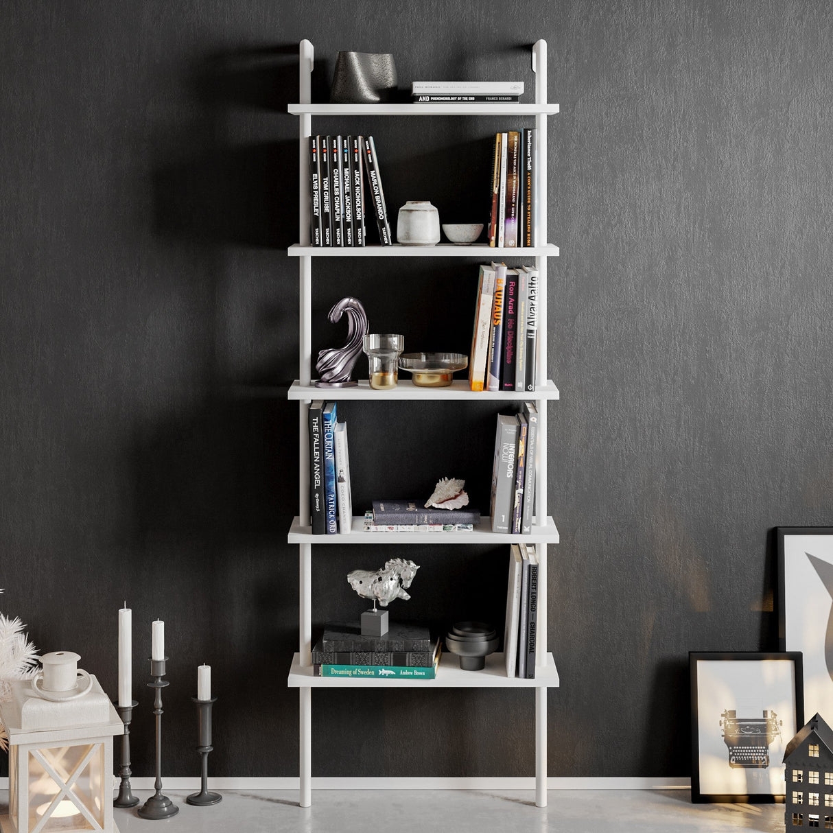Bibliotecă Paula Hadley, negru - alb, 60x22x174 cm - Alb