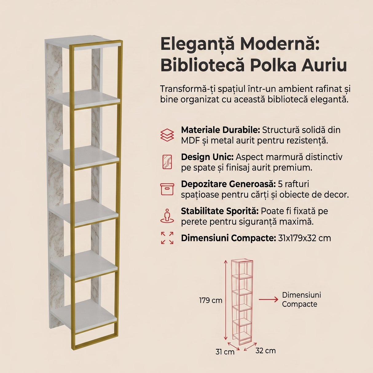 Biblioteca Polka, Auriu, 31x179x32 cm