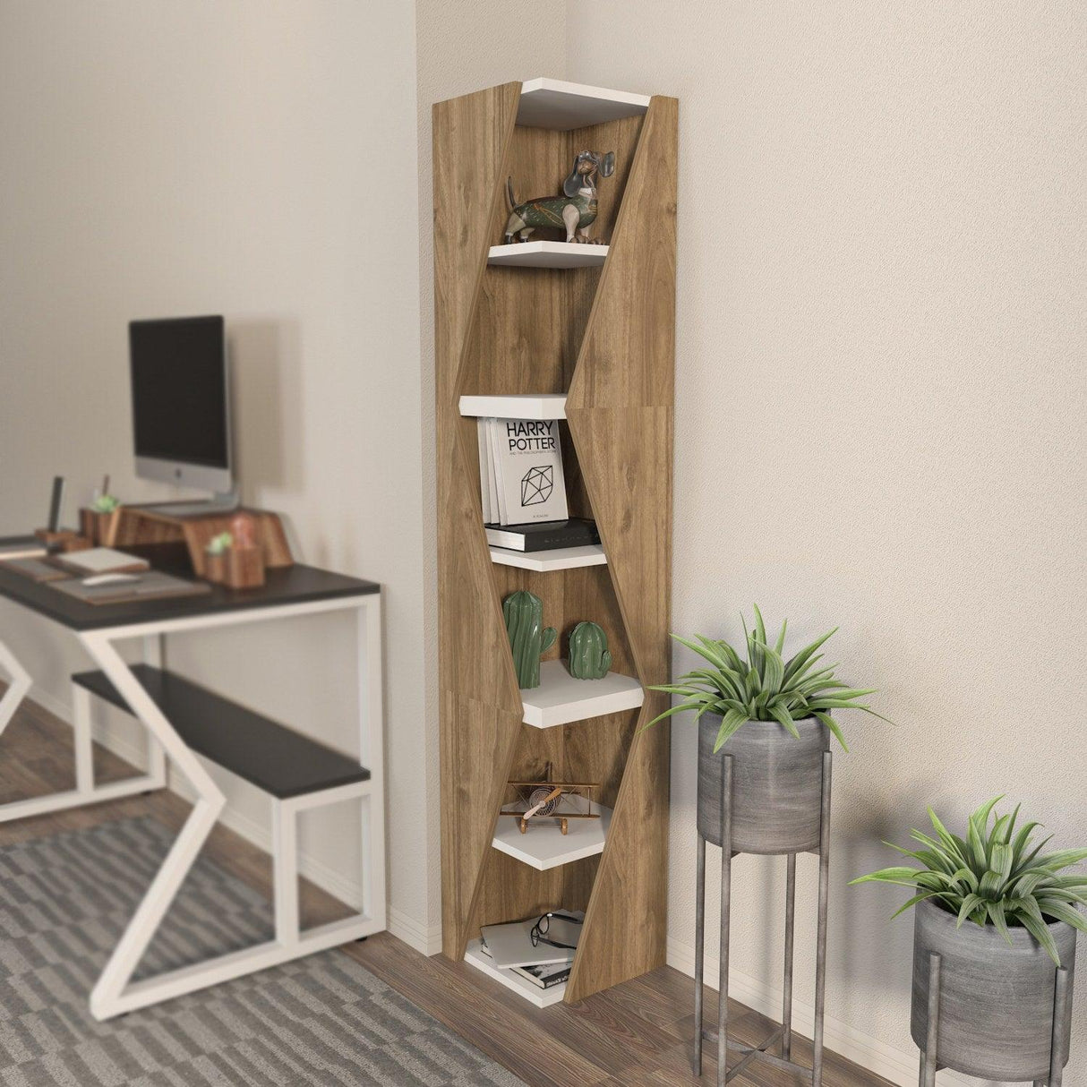 Biblioteca Rawo cu 6 Rafturi Design Elegant, 32x165x32 cm - Nuc Alb