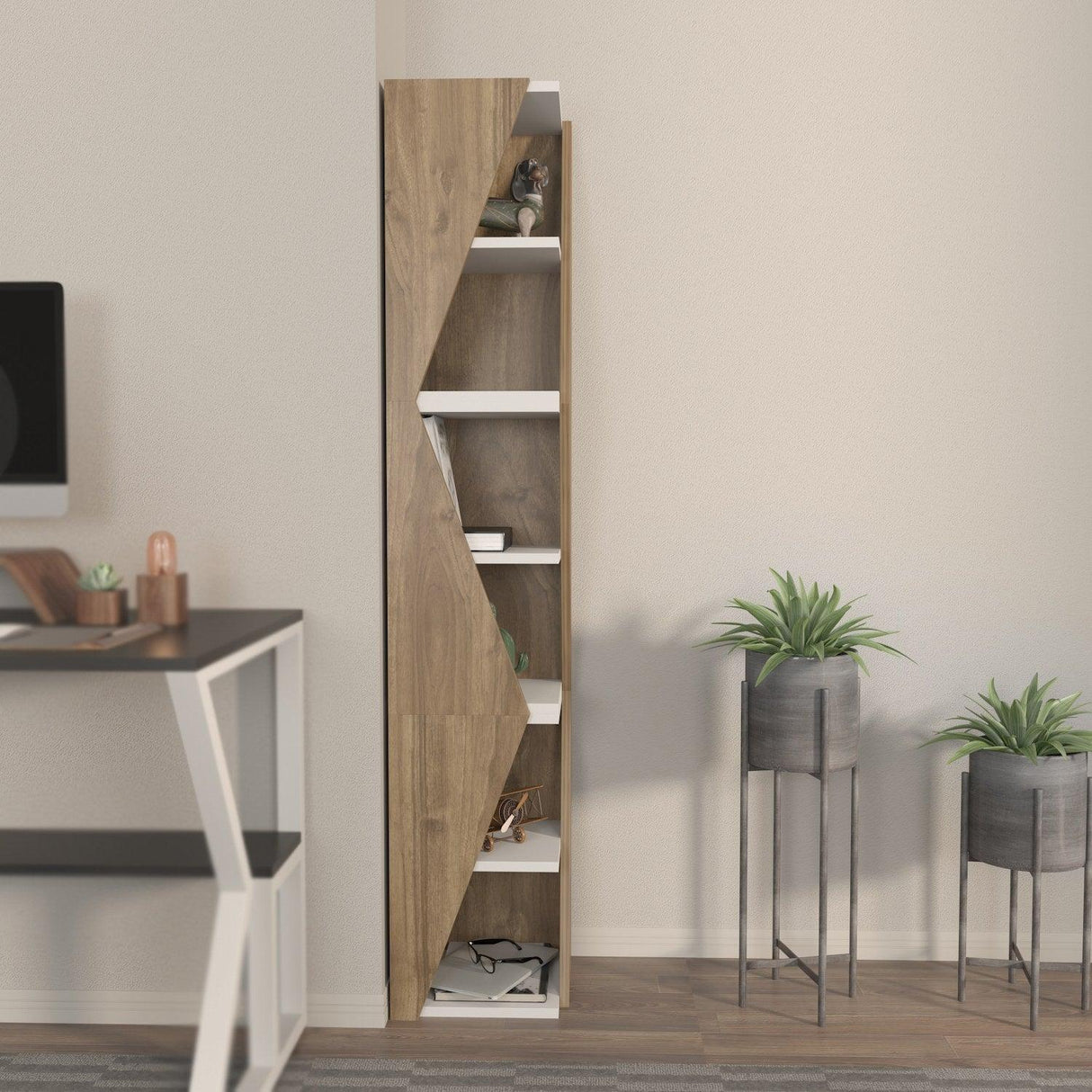 Biblioteca Rawo cu 6 Rafturi Design Elegant, 32x165x32 cm - Nuc Alb