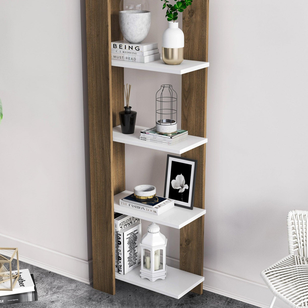 Biblioteca Reeta, Nuc - Alb, 45x26x160 cm - Nuc
