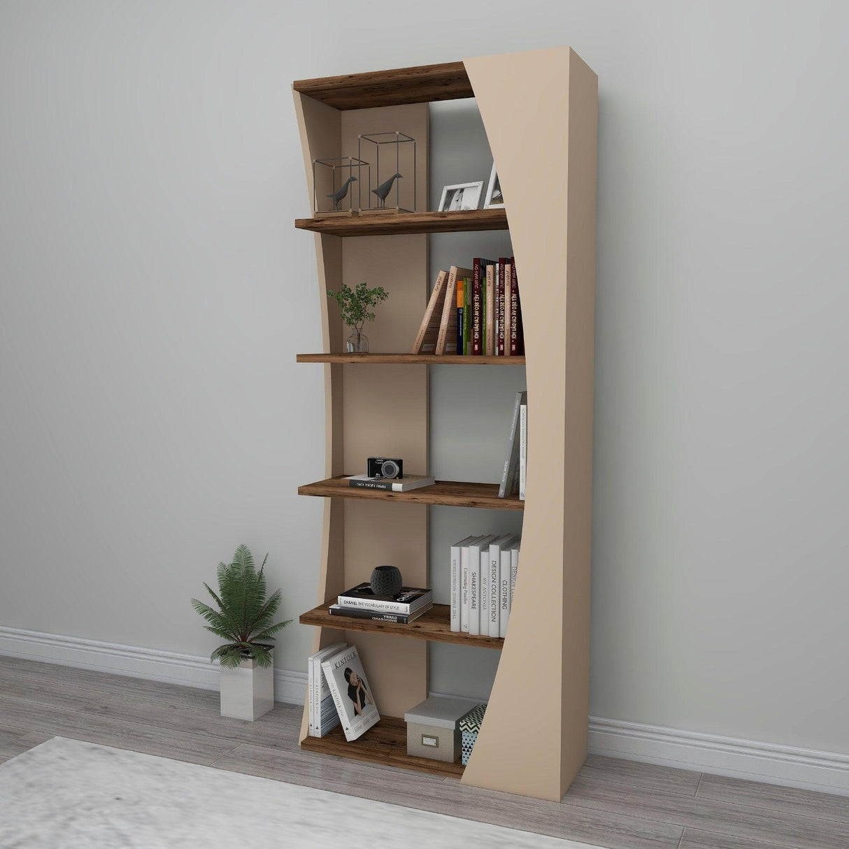 Biblioteca Selge Prag Design, 5 rafturi, 64x150x24 cm - Crem