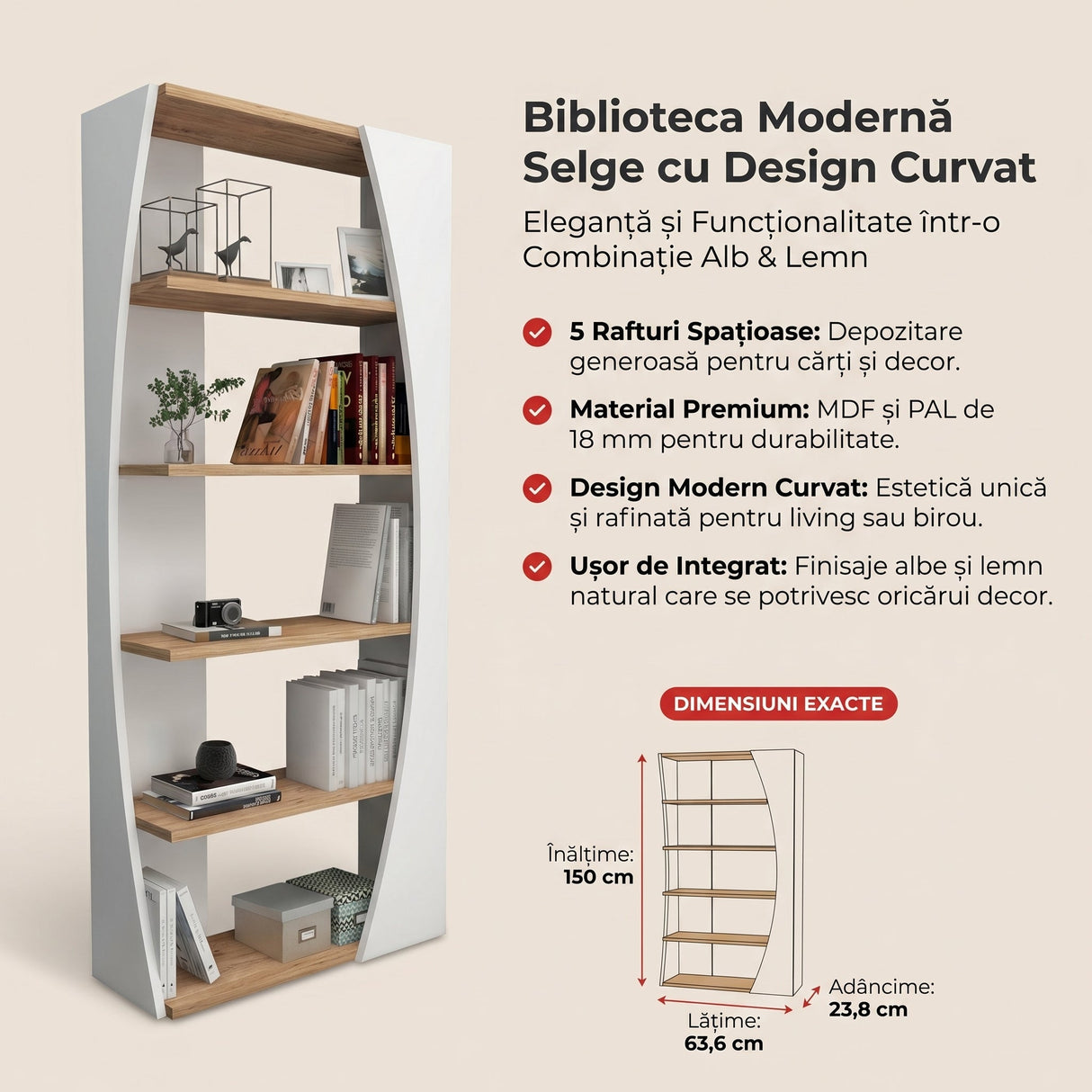 Biblioteca Selge Prag Design, 5 rafturi, 64x150x24 cm - Natur