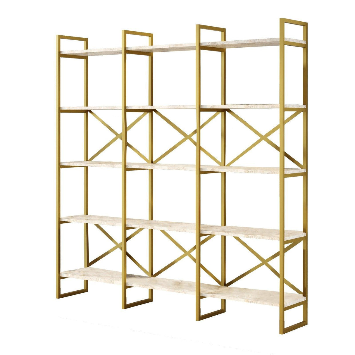 Biblioteca Sierra Lux Large cu 5 rafturi, Aur - Negru - Alb, 170x175x30 cm - Crem