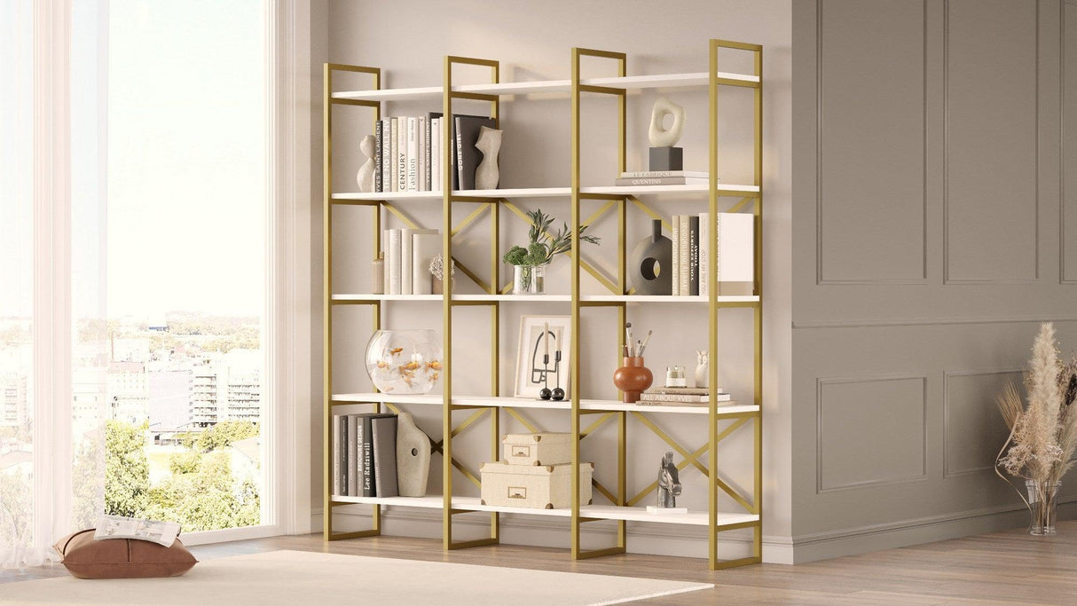 Biblioteca Sierra Lux Large cu 5 rafturi, Aur - Negru - Alb, 170x175x30 cm - Alb