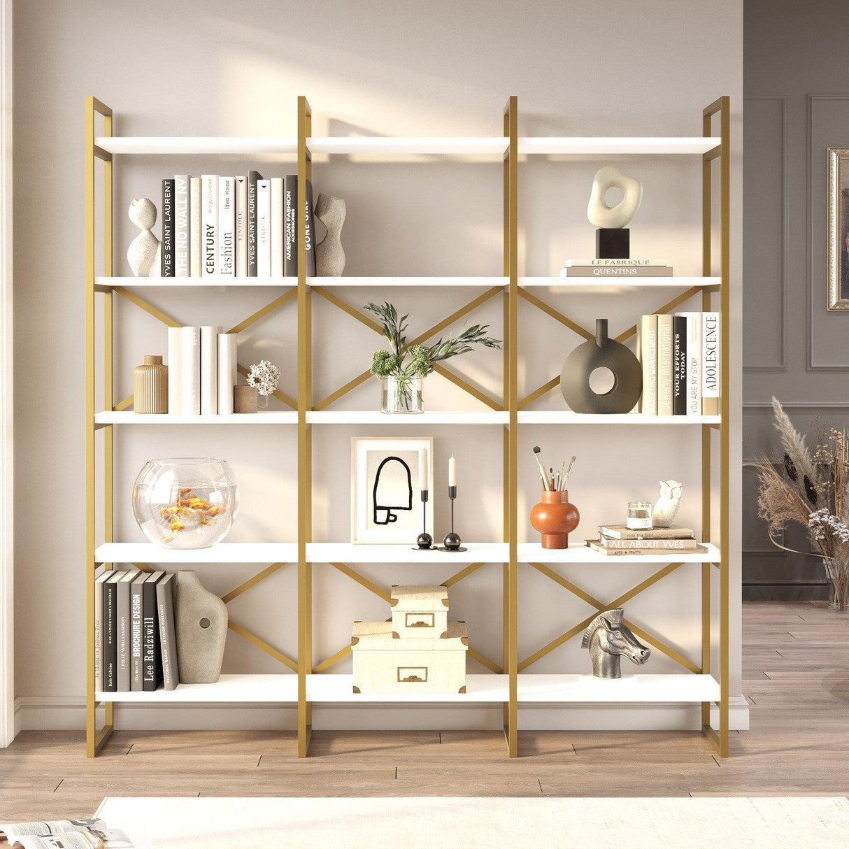Biblioteca Sierra Lux Large cu 5 rafturi, Aur - Negru - Alb, 170x175x30 cm - Alb