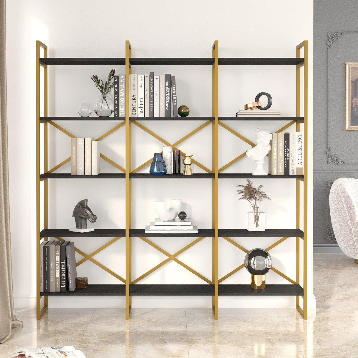 Biblioteca Sierra Lux Large cu 5 rafturi, Aur - Negru - Alb, 170x175x30 cm - Negru